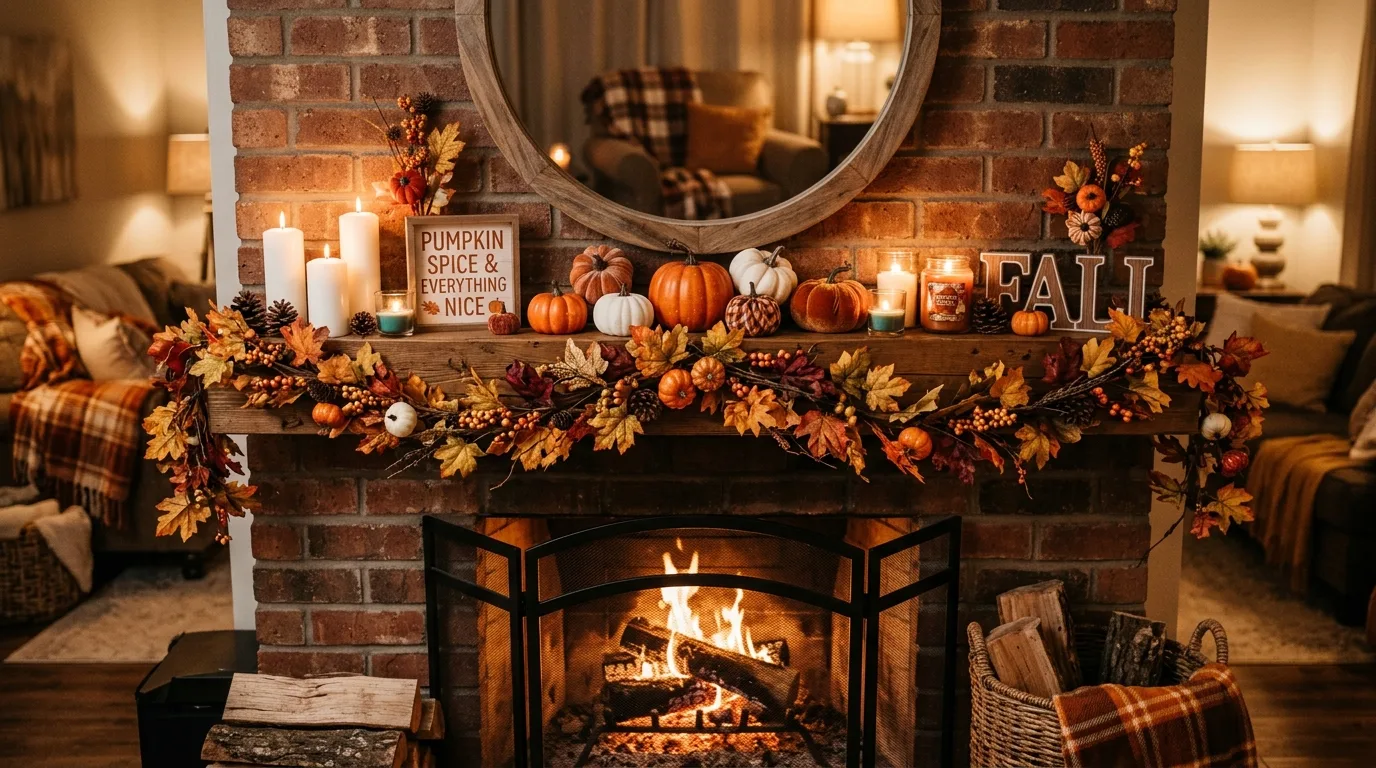 Cozy fireplace mantel decorated with Dollar Tree fall decor